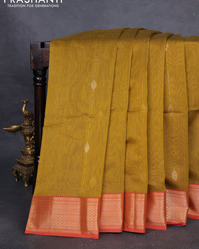 Maheshwari silk cotton saree mustard yellow and red with allover zari weaves & buttas and zari woven border