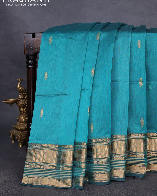 Maheshwari silk cotton saree green with zari woven buttas and zari woven border