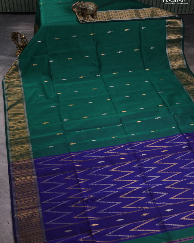 Maheshwari silk cotton saree green and blue with silver & gold zari woven buttas and zari woven border