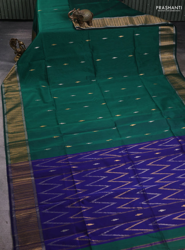 Maheshwari silk cotton saree green and blue with silver & gold zari woven buttas and zari woven border
