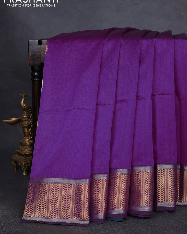Maheshwari silk cotton saree purple and peacock blue with silver & gold zari woven buttas and zari woven border