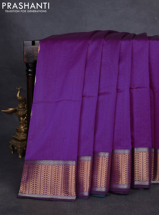 Maheshwari silk cotton saree purple and peacock blue with silver & gold zari woven buttas and zari woven border