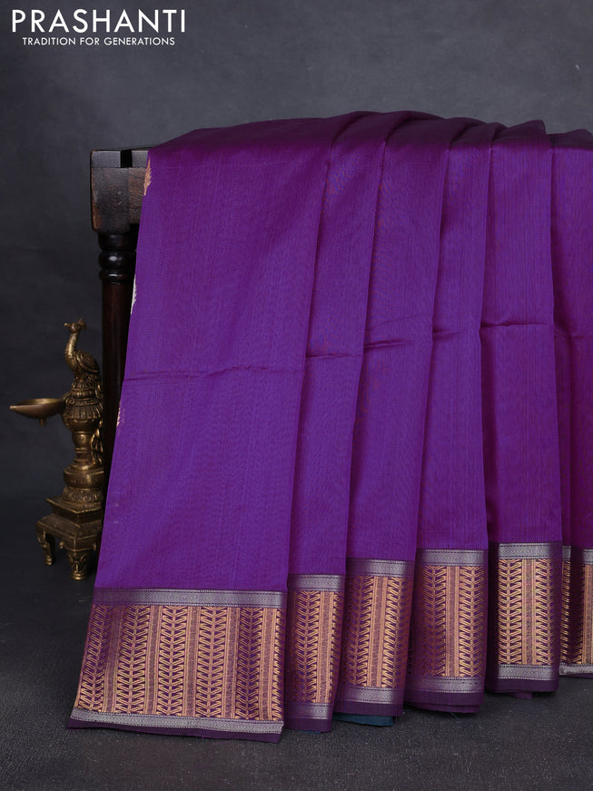 Maheshwari silk cotton saree purple and peacock blue with silver & gold zari woven buttas and zari woven border