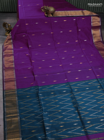 Maheshwari silk cotton saree purple and peacock blue with silver & gold zari woven buttas and zari woven border