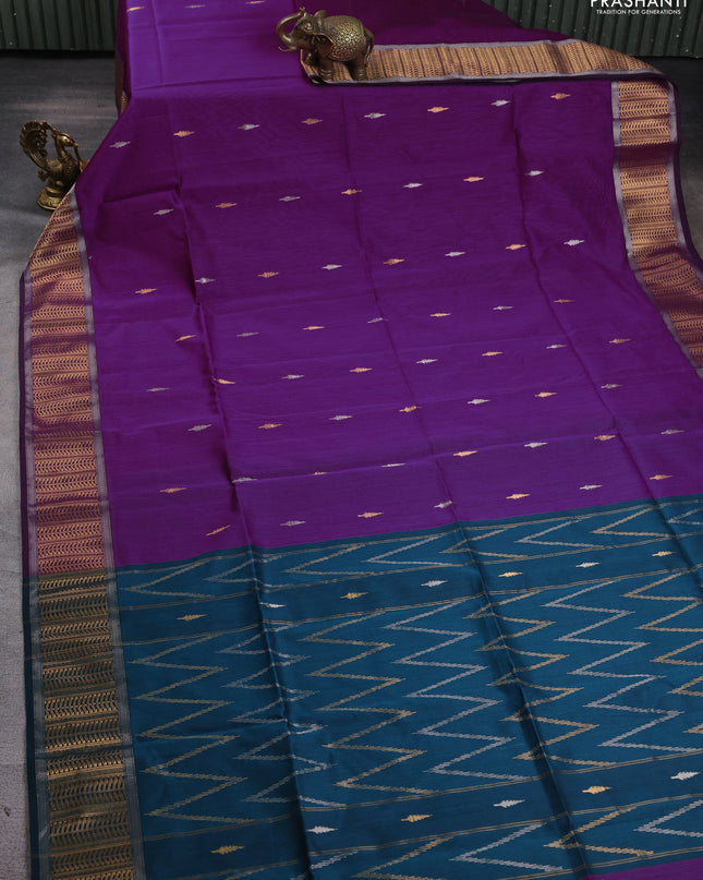 Maheshwari silk cotton saree purple and peacock blue with silver & gold zari woven buttas and zari woven border