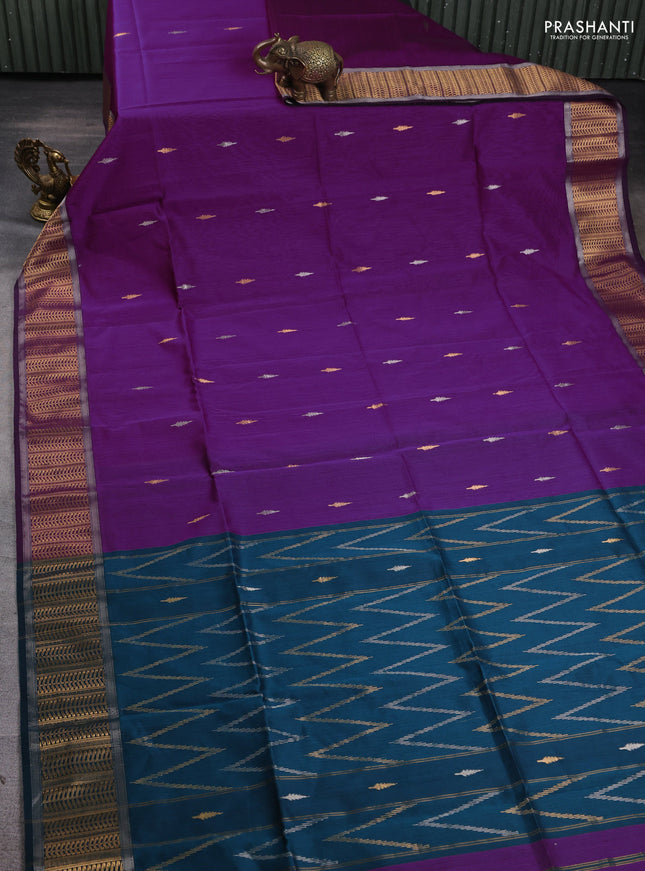Maheshwari silk cotton saree purple and peacock blue with silver & gold zari woven buttas and zari woven border