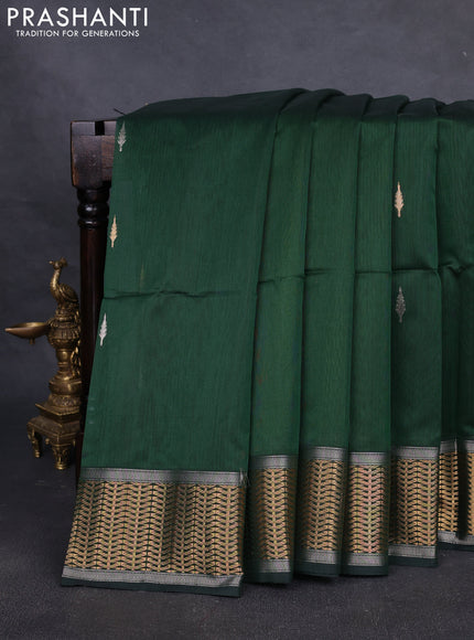 Maheshwari silk cotton saree dark green and light green with silver & gold zari woven buttas and zari woven border