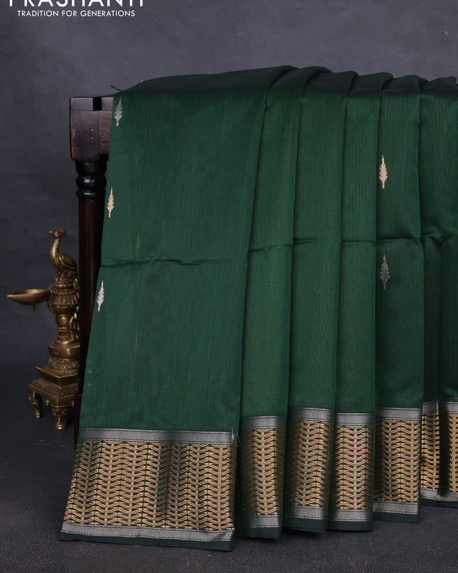Maheshwari silk cotton saree dark green and light green with silver & gold zari woven buttas and zari woven border