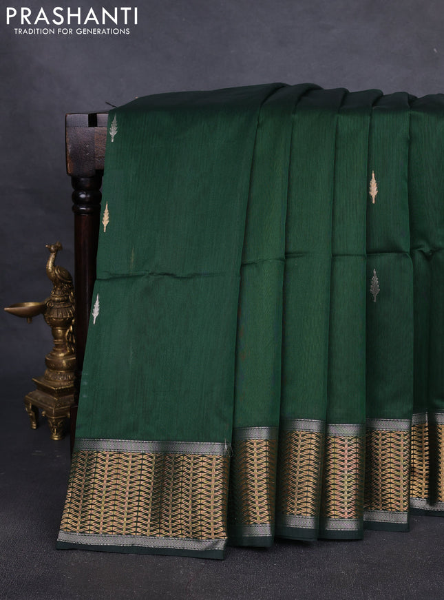 Maheshwari silk cotton saree dark green and light green with silver & gold zari woven buttas and zari woven border