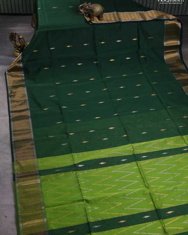 Maheshwari silk cotton saree dark green and light green with silver & gold zari woven buttas and zari woven border