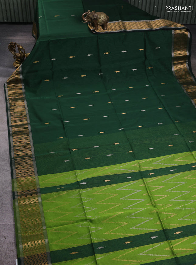 Maheshwari silk cotton saree dark green and light green with silver & gold zari woven buttas and zari woven border