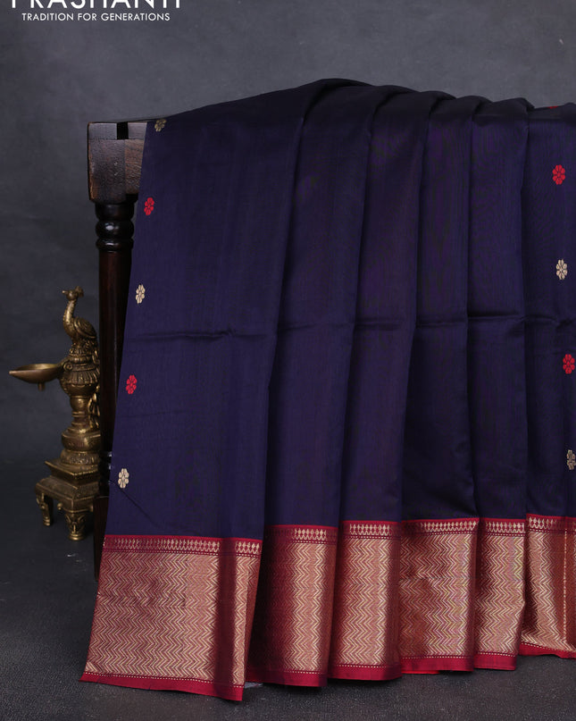 Maheshwari silk cotton saree navy blue and maroon with thread & zari woven buttas and zari woven border