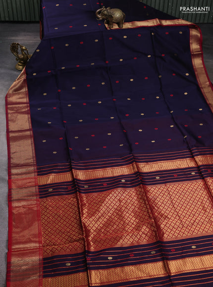 Maheshwari silk cotton saree navy blue and maroon with thread & zari woven buttas and zari woven border