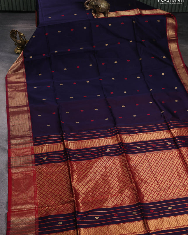 Maheshwari silk cotton saree navy blue and maroon with thread & zari woven buttas and zari woven border
