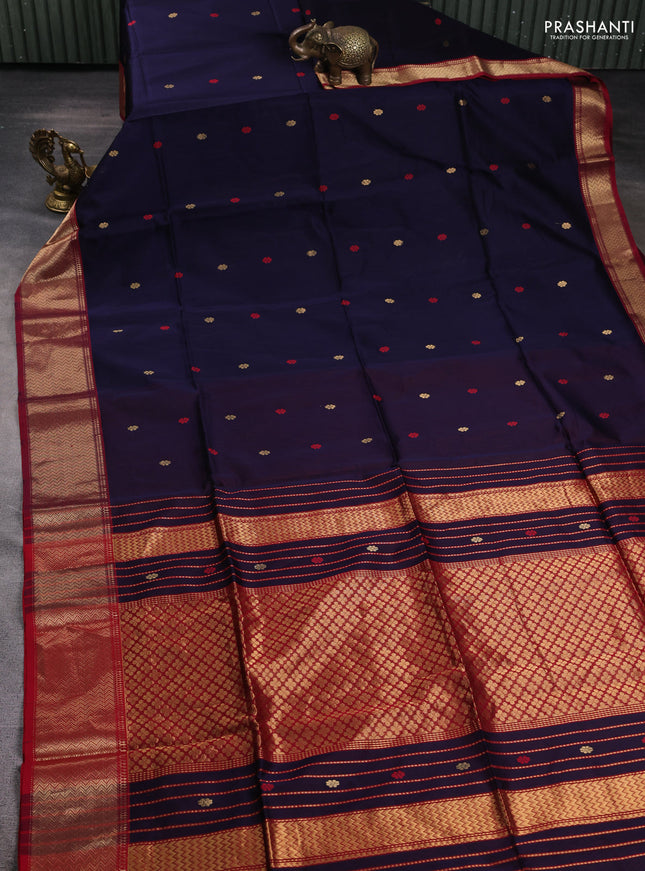 Maheshwari silk cotton saree navy blue and maroon with thread & zari woven buttas and zari woven border