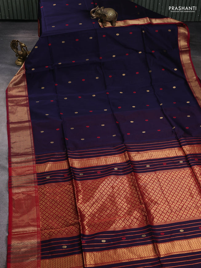 Maheshwari silk cotton saree navy blue and maroon with thread & zari woven buttas and zari woven border