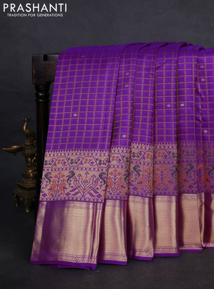 Pure kanchipuram silk saree purple with allover zari checks & buttas and long zari woven border