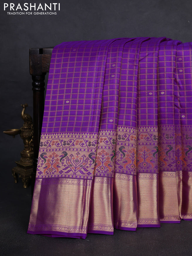 Pure kanchipuram silk saree purple with allover zari checks & buttas and long zari woven border