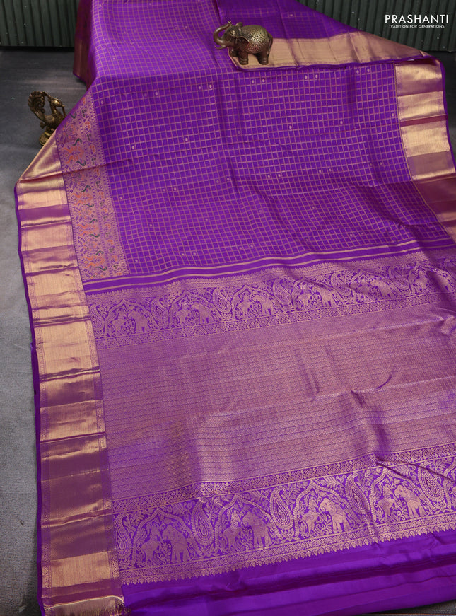 Pure kanchipuram silk saree purple with allover zari checks & buttas and long zari woven border