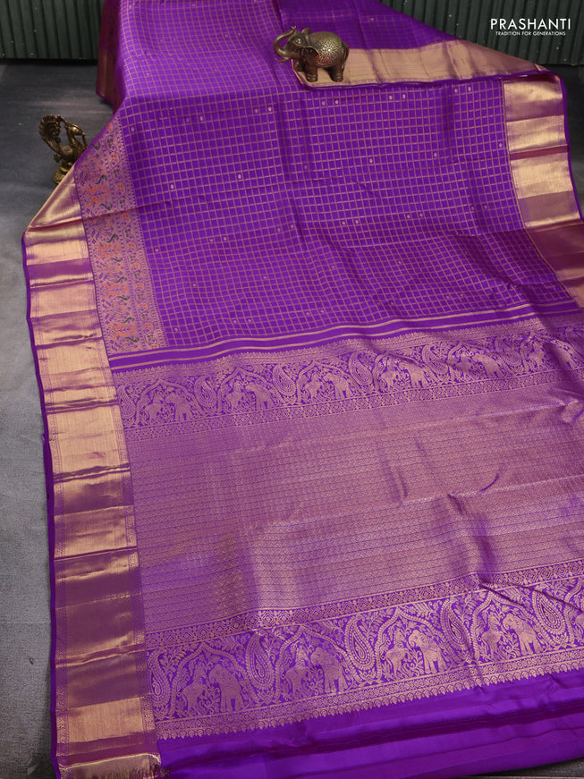 Pure kanchipuram silk saree purple with allover zari checks & buttas and long zari woven border