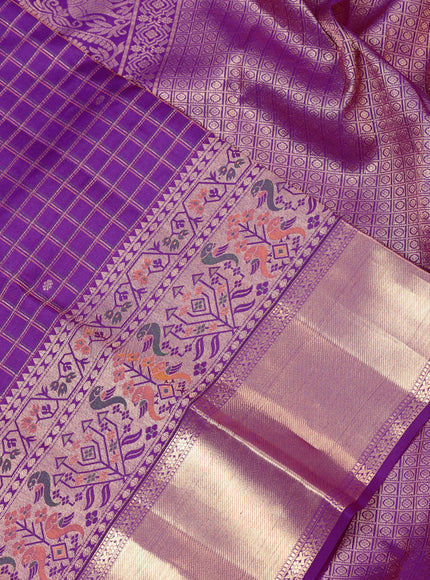 Pure kanchipuram silk saree purple with allover zari checks & buttas and long zari woven border