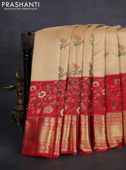 Pure kanchipuram silk saree sandal and red with allover zari checks & buttas and long zari woven floral design border