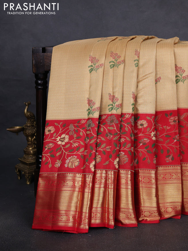 Pure kanchipuram silk saree sandal and red with allover zari checks & buttas and long zari woven floral design border