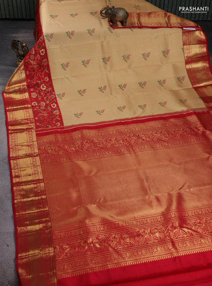 Pure kanchipuram silk saree sandal and red with allover zari checks & buttas and long zari woven floral design border
