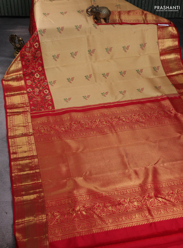 Pure kanchipuram silk saree sandal and red with allover zari checks & buttas and long zari woven floral design border