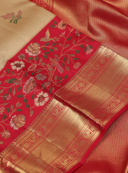 Pure kanchipuram silk saree sandal and red with allover zari checks & buttas and long zari woven floral design border