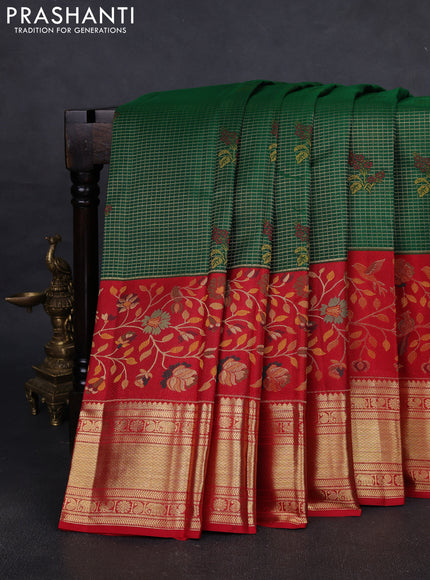 Pure kanchipuram silk saree green and red with allover zari checks & buttas and long zari woven floral design border