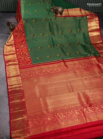 Pure kanchipuram silk saree green and red with allover zari checks & buttas and long zari woven floral design border