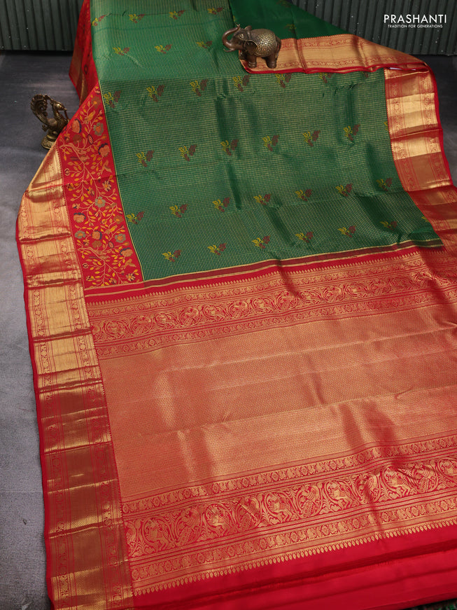 Pure kanchipuram silk saree green and red with allover zari checks & buttas and long zari woven floral design border