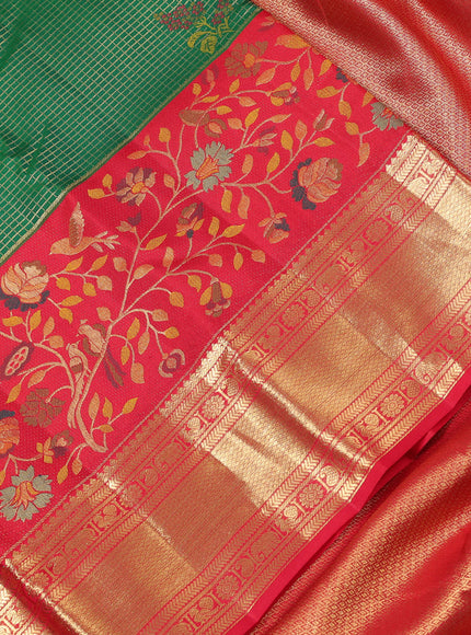 Pure kanchipuram silk saree green and red with allover zari checks & buttas and long zari woven floral design border