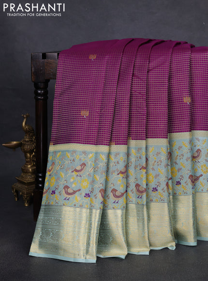 Pure kanchipuram silk saree purple and pastel blue with allover zari checks & buttas and long zari woven bird design border