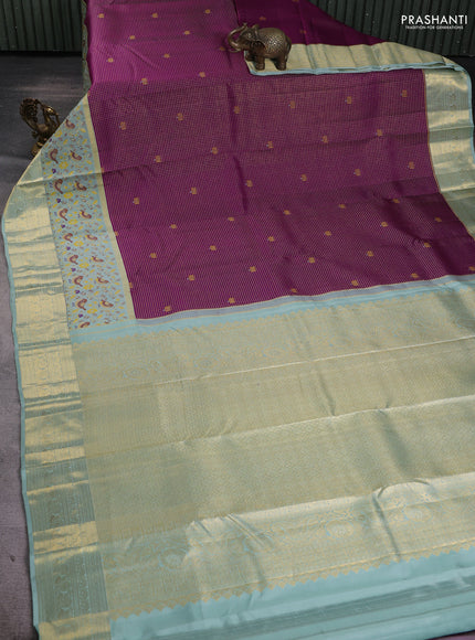 Pure kanchipuram silk saree purple and pastel blue with allover zari checks & buttas and long zari woven bird design border