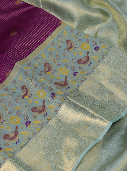 Pure kanchipuram silk saree purple and pastel blue with allover zari checks & buttas and long zari woven bird design border
