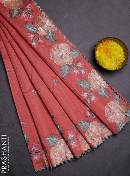 Semi raw silk saree peach orange with embroidered buttas and embroidery border