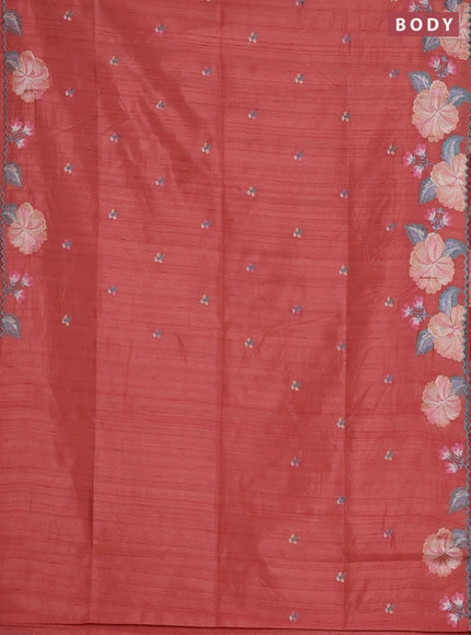 Semi raw silk saree peach orange with embroidered buttas and embroidery border