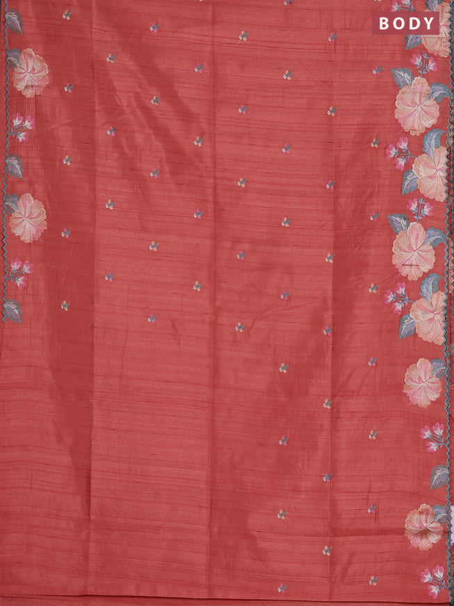 Semi raw silk saree peach orange with embroidered buttas and embroidery border