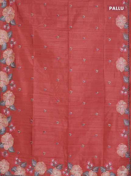 Semi raw silk saree peach orange with embroidered buttas and embroidery border