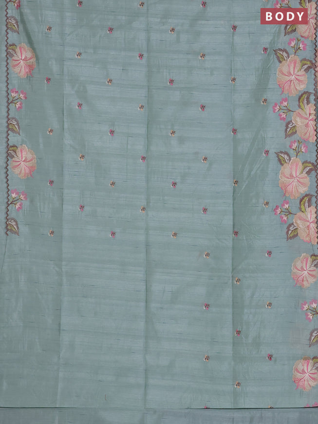 Semi raw silk saree pastel green with embroidered buttas and embroidery border