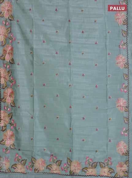 Semi raw silk saree pastel green with embroidered buttas and embroidery border
