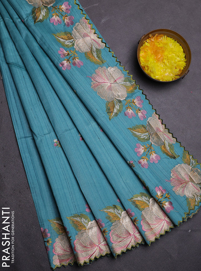 Semi raw silk saree teal blue with embroidered buttas and embroidery border