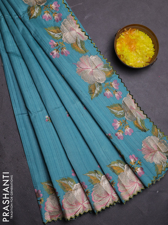 Semi raw silk saree teal blue with embroidered buttas and embroidery border