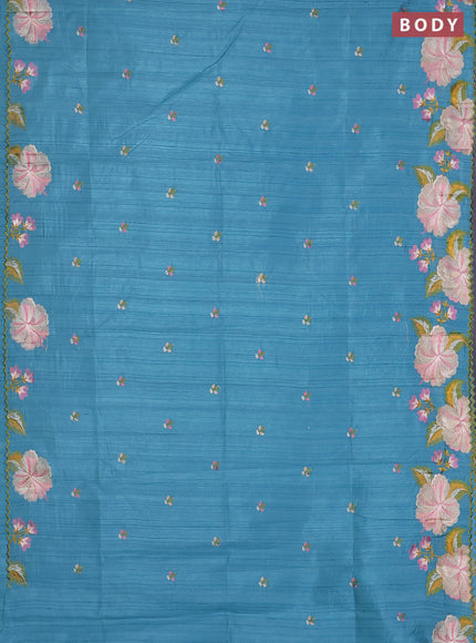 Semi raw silk saree teal blue with embroidered buttas and embroidery border