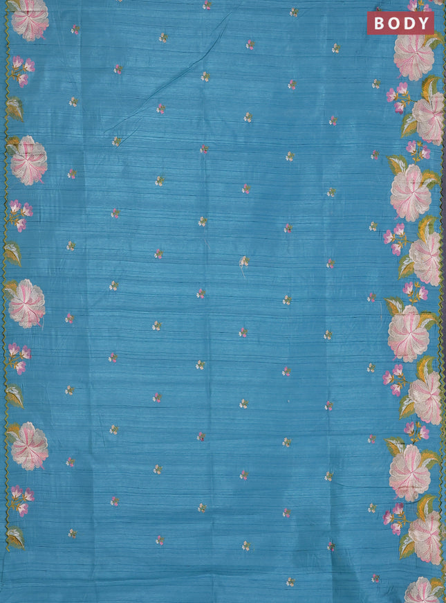Semi raw silk saree teal blue with embroidered buttas and embroidery border