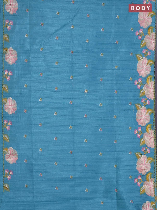 Semi raw silk saree teal blue with embroidered buttas and embroidery border