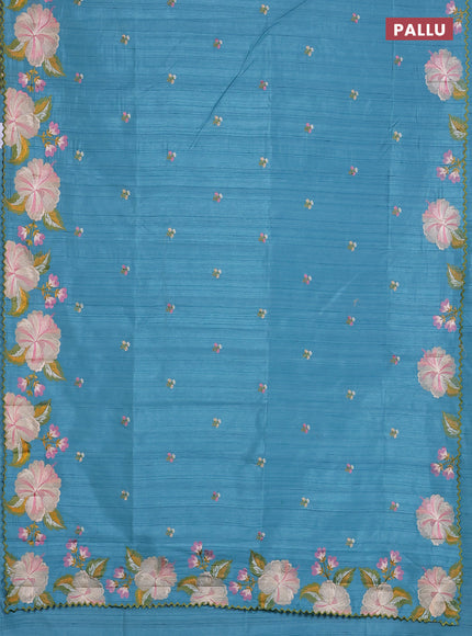 Semi raw silk saree teal blue with embroidered buttas and embroidery border