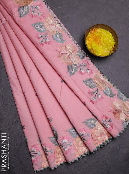 Semi raw silk saree peach pink with embroidered buttas and embroidery border